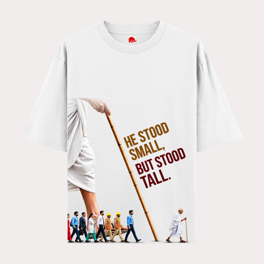 VIBETARA | Mahatma Gandhi “He Stood Small, But Stood Tall” Printed Black & White T-Shirt