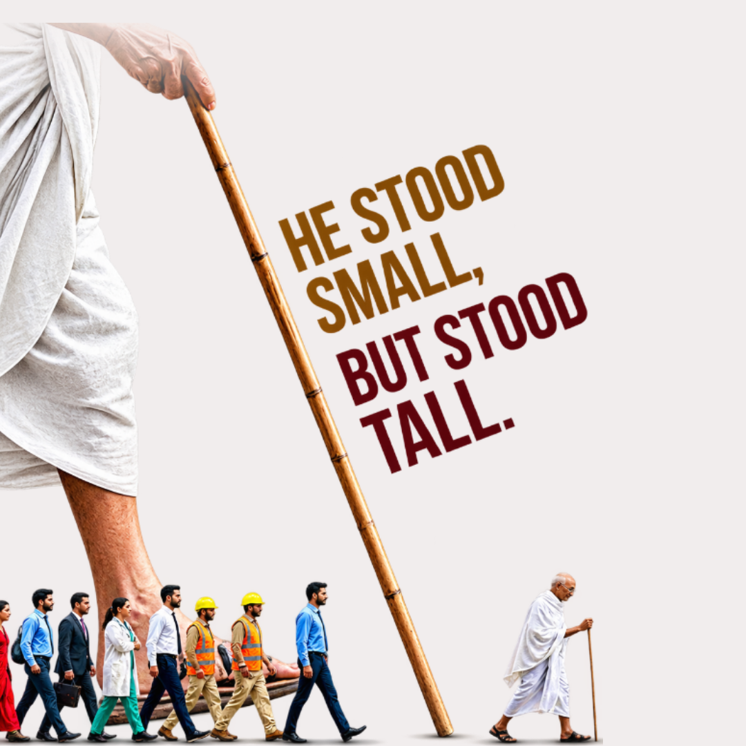 VIBETARA | Mahatma Gandhi “He Stood Small, But Stood Tall” Printed Black & White T-Shirt