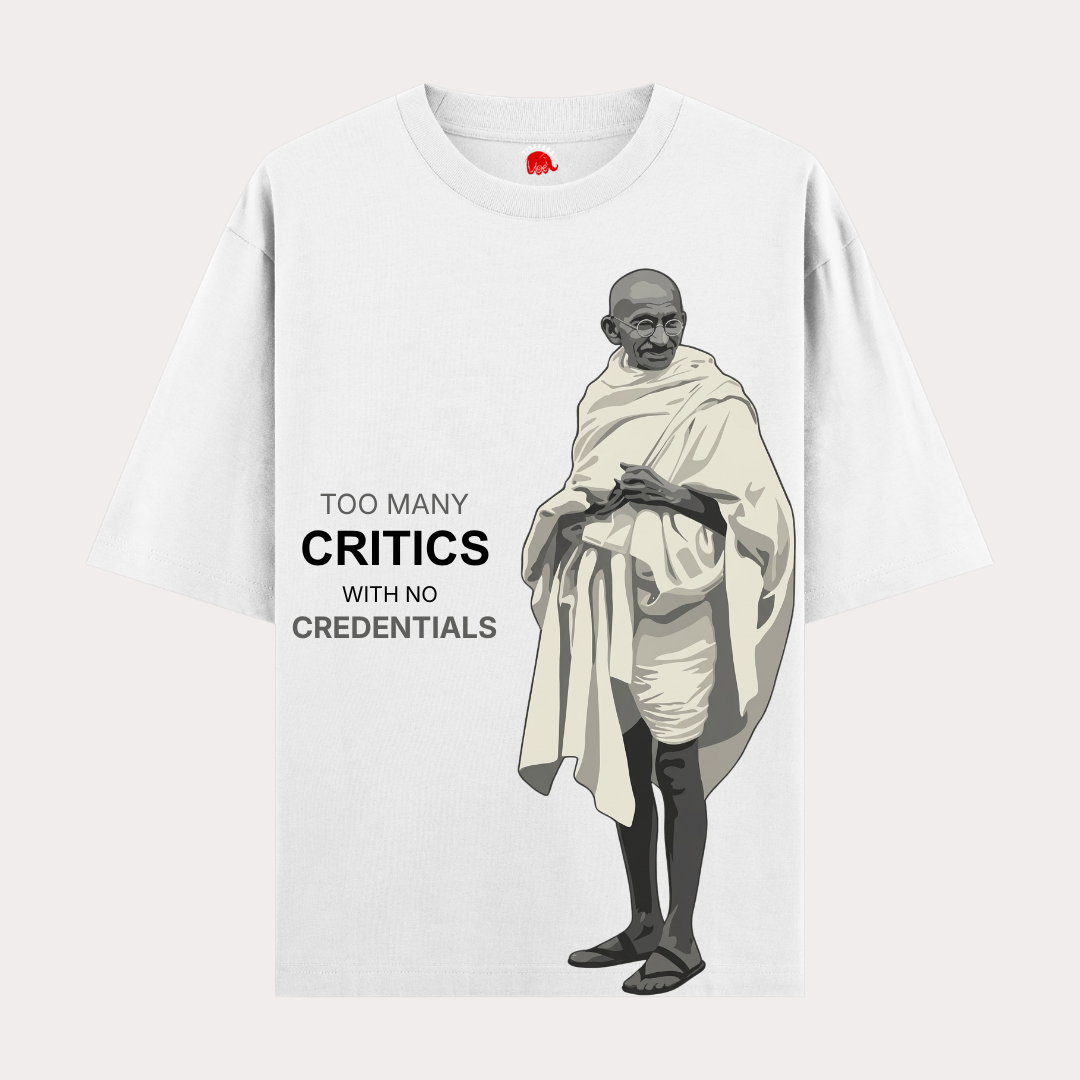 VIBETARA | Mahatma Gandhi “Too Many Critics With No Credentials” Printed Black & White T-Shirt