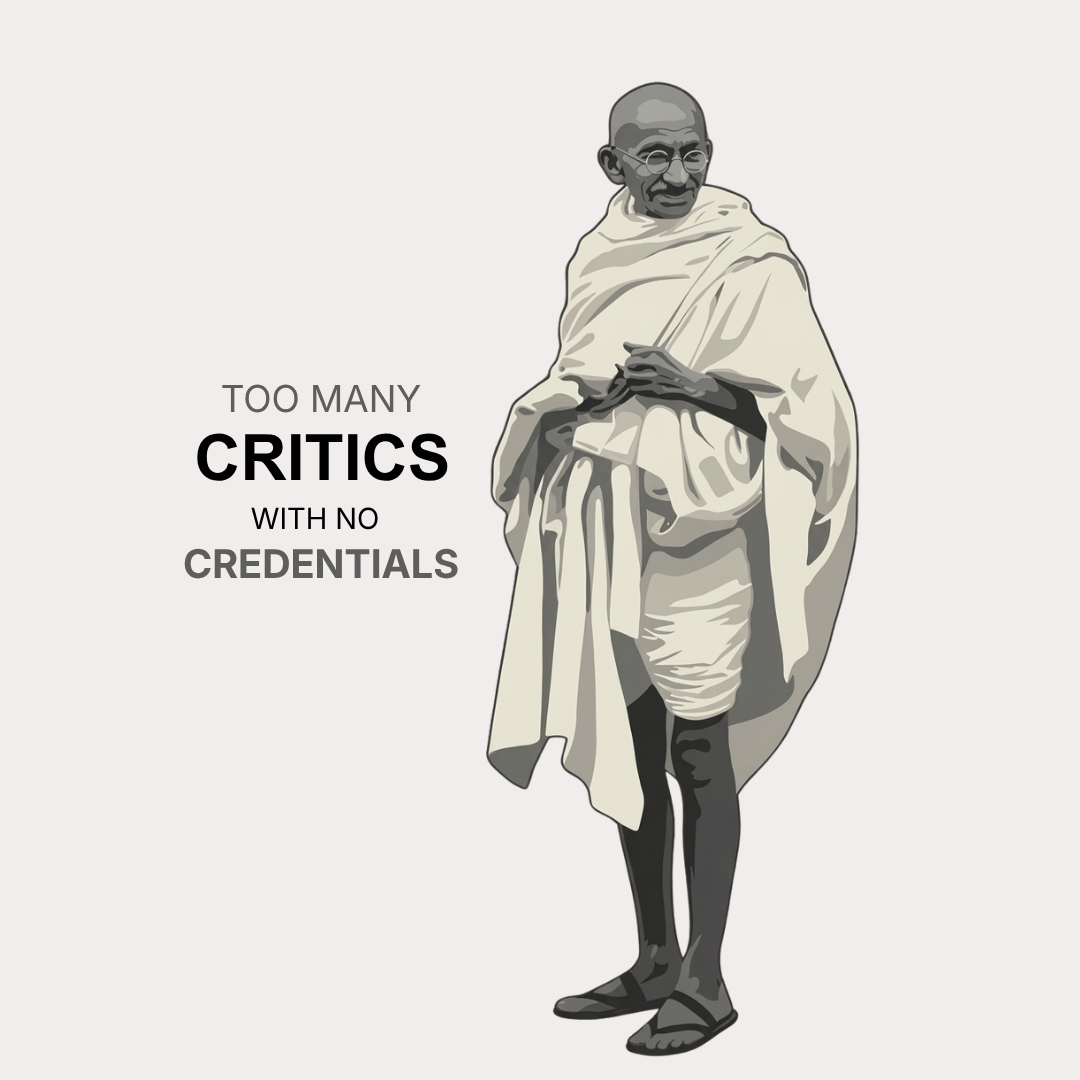 VIBETARA | Mahatma Gandhi “Too Many Critics With No Credentials” Printed Black & White T-Shirt
